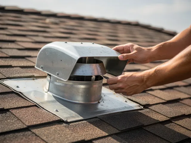 Tolland Dryer Vent Cleaning certified technician safely cleaning a roof-mounted dryer vent in Tolland