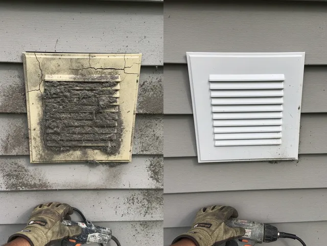 Tolland Dryer Vent Cleaning technician installing high-quality dryer vent cover at a residential property in Tolland