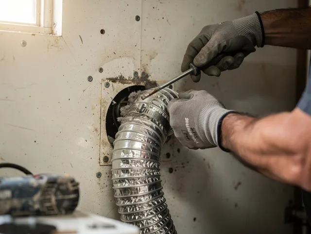 Tolland Dryer Vent Cleaning technician performing precise dryer vent hose installation in Tolland